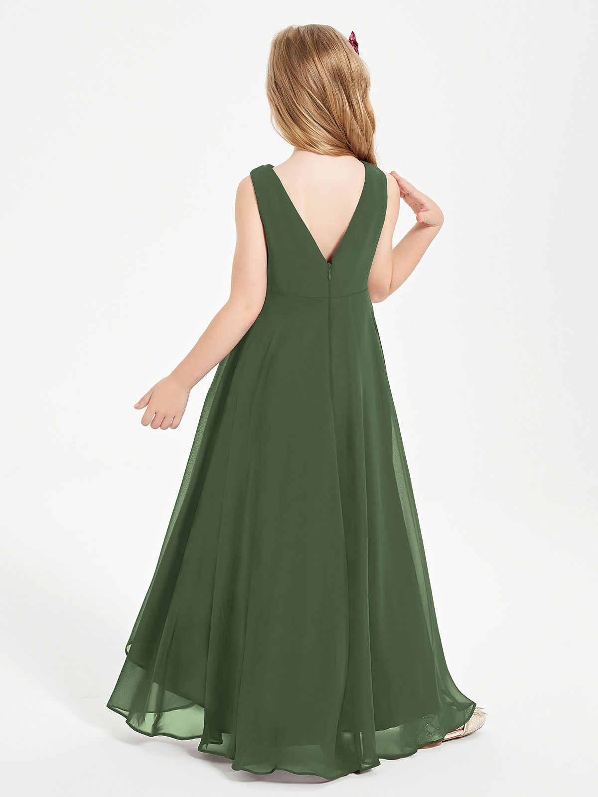 Modern Asymmetrical Cowl Neck Junior Bridesmaid Dresses Olive Green